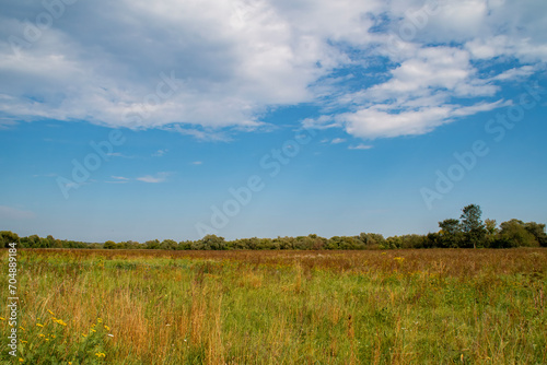 Sky with clouds over a summer field. Country landscape without people with empty space for text.