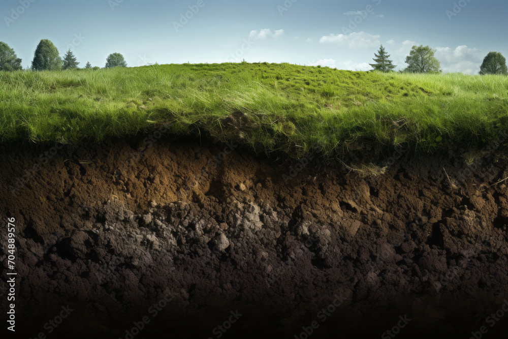 underground soil layer of cross section earth, erosion ground with grass on top - obrazy, fototapety, plakaty 