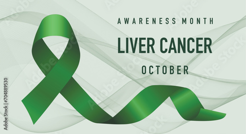 The green ribbon, as a symbol of liver cancer awareness, is celebrated annually in October. Banner, poster.
