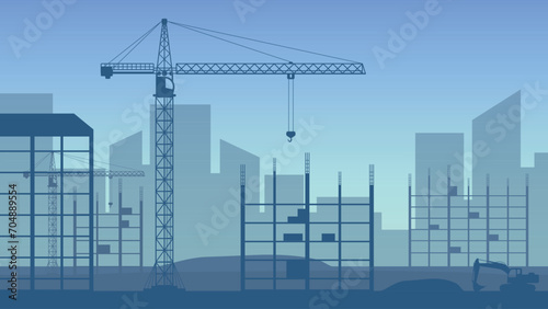 Buildings under construction in process. Construction cranes over buildings. City development. Urban skyline. Vector illustration.
