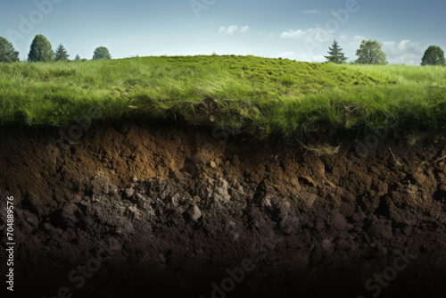 underground soil layer of cross section earth, erosion ground with grass on top photo