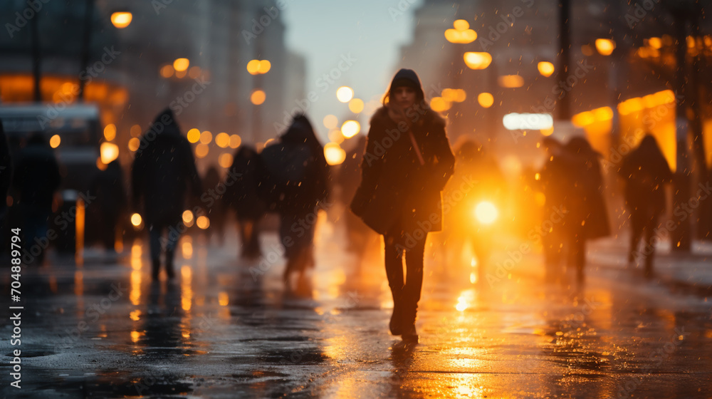 people walking in the city street crowd at winter time people walking in the city street crowd at winter time