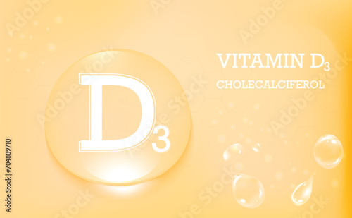 Vitamin D3, Cholecalciferol, water drops on an orange medical background. Skin care and children up to two years.