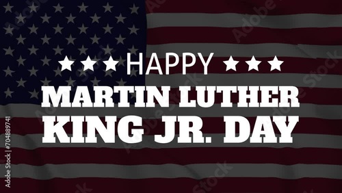 Happy Martin Luther King Jr. Day text with 3D rotation animation and United States flag background. Suitable for celebrating Martin Luther Day. photo