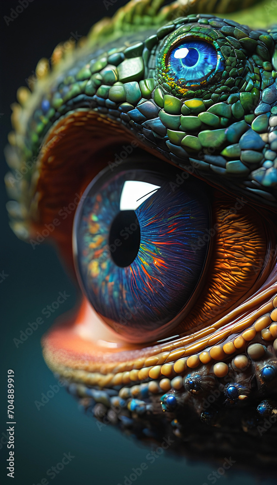 Fototapeta premium A painting of a... Scale Symphony, Emerald Gaze in Mosaic Jewels, Dragon Dreams in Reptilian Eyes, Ancient Wisdom on Textured Hide, Sun-Kissed Scales Tell Time.