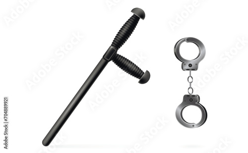 Police bat, handcuffs. Ammunition for police officers, safety rubber baton, isolated clipart. Black club with a handle. Security weapon. Protective military equipment, law enforcement tool