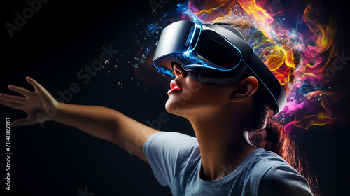 Woman with glasses of virtual reality. Future technology concept. Colorful neon lights. © alexkich