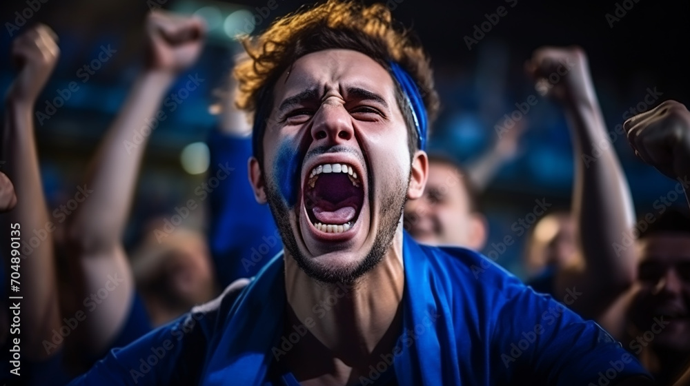 group of fans dressed in blue color watching a sports event in the stands of a stadium