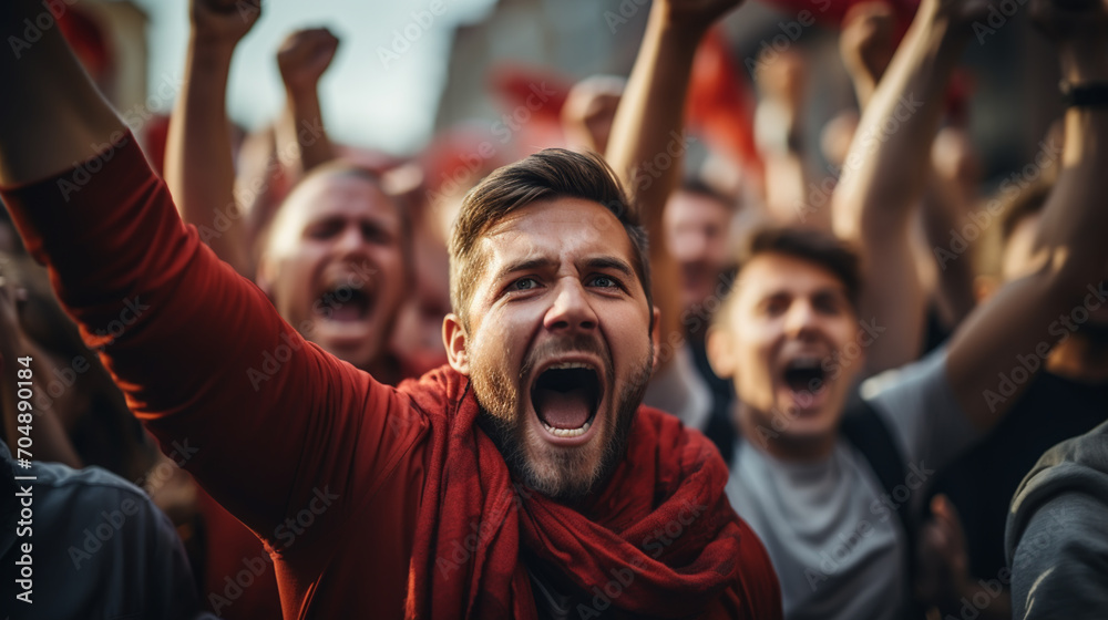 group of fans dressed in red color watching a sports event in the stands of a stadium group of fans dressed in red color watching a sports event in the stands of a stadium