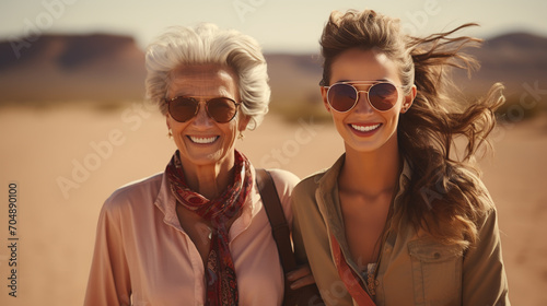 Beach, hug and elderly mother and daughter relax, bond and enjoy quality time freedom, peace or travel vacation. Mamas love, nature wind and happy family portrait of women #704890100