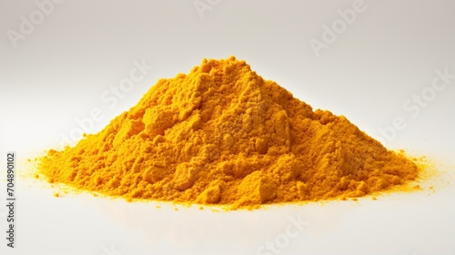 an isolated mound of ground mustard on a clean white canvas, highlighting the spice's vibrant yellow color and pungent aroma.