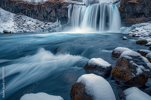 Landscape photography of waterfall with blue river in the winter and snow. Nature concept of winter and snow.