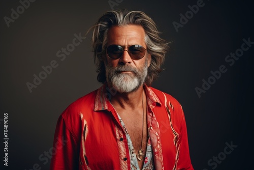 Portrait of a stylish senior man with long gray hair and sunglasses.