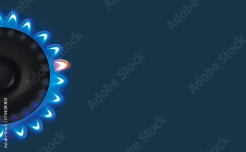 A gas burner with a blue flame, a luminous ring of fire in blue and a beam of orange. Realistic propane-butane combustion model. View from above. copy space.