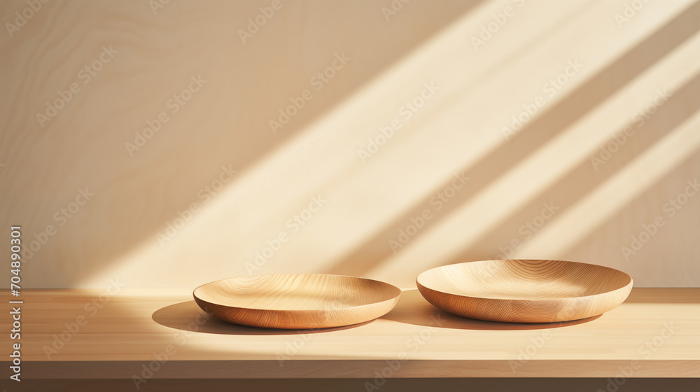 warm, natural scene with two wooden plates on a table, bathed in sunlight creating angled shadows for beauty skincare cosmetic products display backdrop warm, natural scene with two wooden plates on a table, bathed in sunlight creating angled shadows for beauty skincare cosmetic products display backdrop