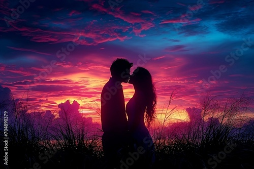 Romantic silhouette of a couple embracing and kissing against a vibrant, colorful sunset backdrop, evoking love, passion, and togetherness photo