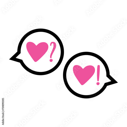 Logo de propuesta de matrimonio. Silueta de 2 corazones en burbuja de habla con líneas con símbolo interrogación y símbolo aviso