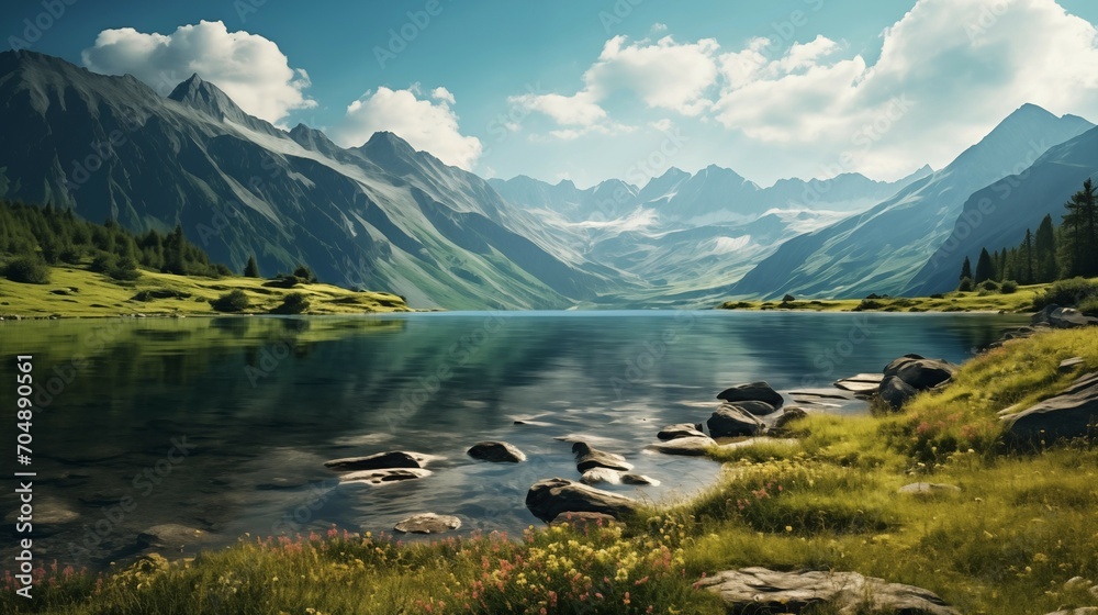 A natural rock, lake and mountain scenery.