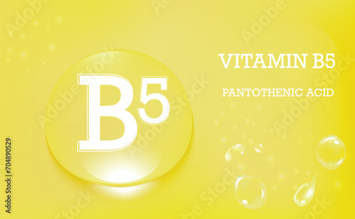 Vitamin B5 pantothenic acid. Drops of water on a yellow background. Food supplement and healthy lifestyle. Poster.