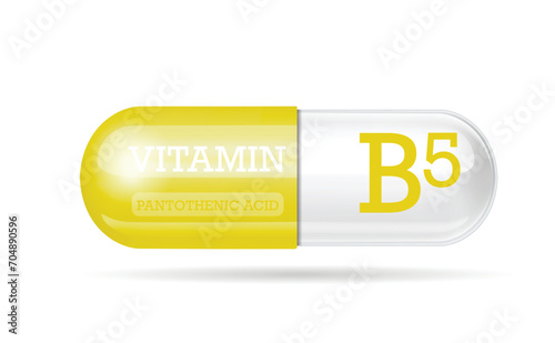 Vitamin B5 capsule, yellow-white structure. 3D Vitamin complex with chemical formula. Personal care, beauty concept. copy space.