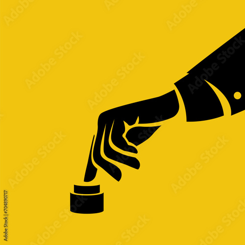 Silhouette hand pressing button. Black icon finger and button. Push finger. Vector illustration flat design. Isolated on yellow background.