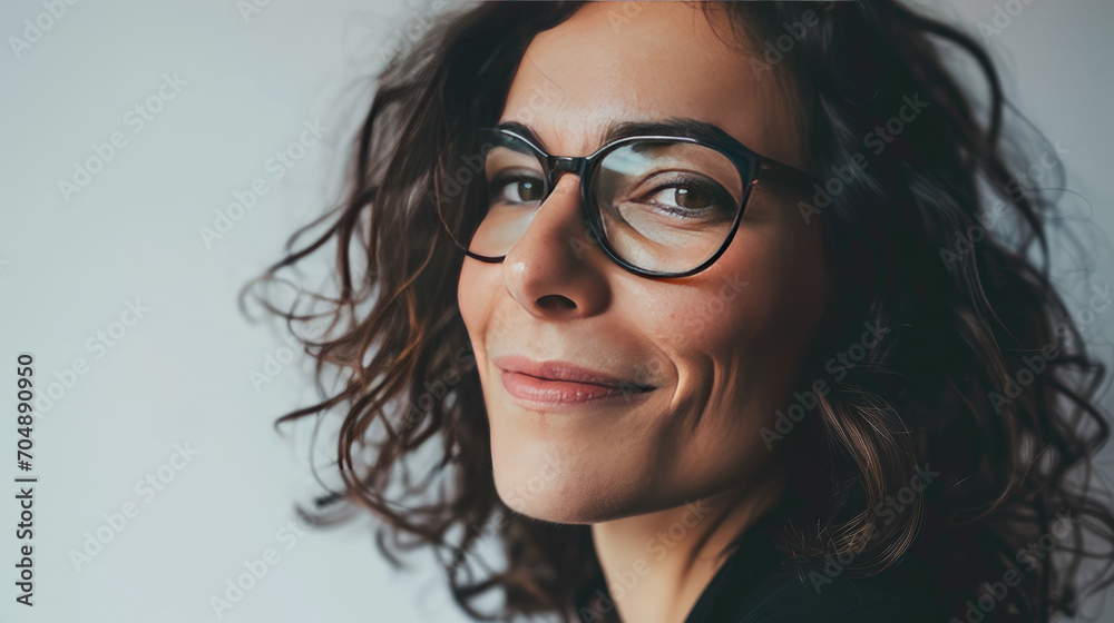 Fototapeta premium Portrait of a happy middle-aged woman looks in camera on white background.