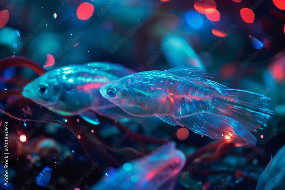 Two translucent fish swimming with a vibrant blue and red bokeh light background. Two translucent fish swimming with a vibrant blue and red bokeh light background.