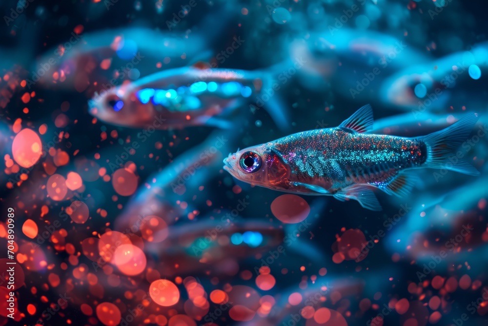 Fototapeta premium Neon tetra fish swimming in blue illuminated water with red bokeh lights.