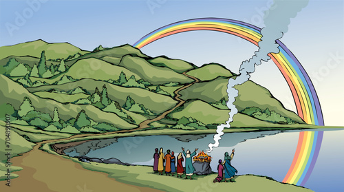 Vector drawing. Noah Offers a Sacrifice to God