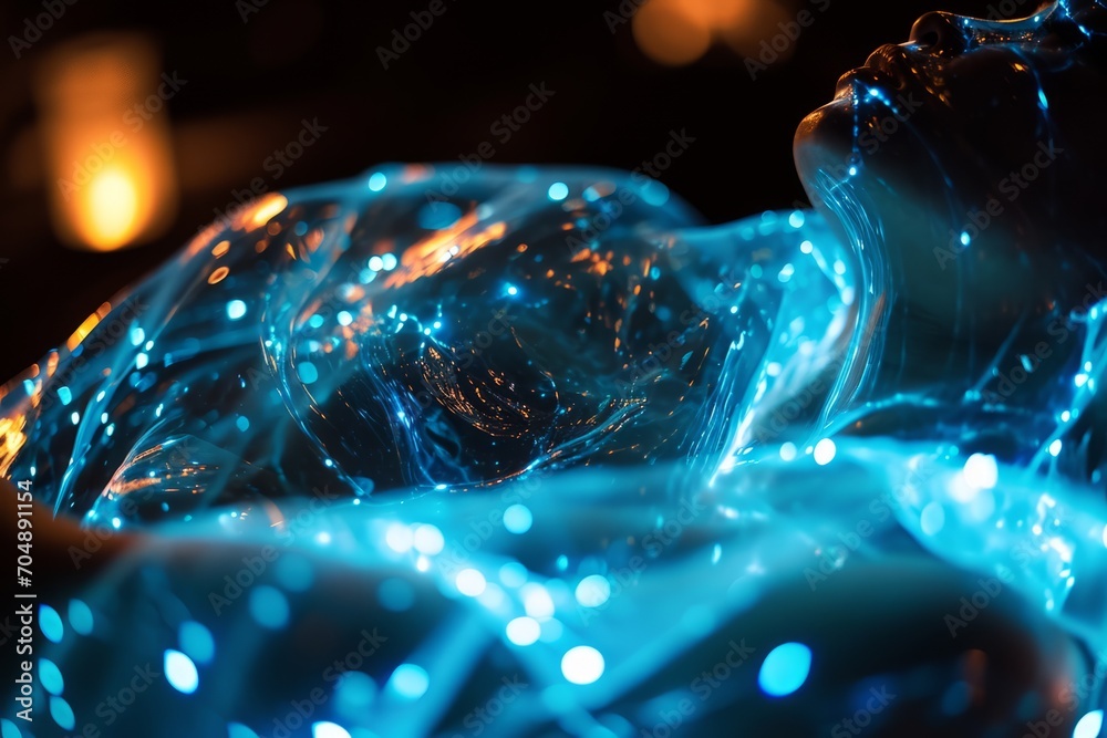 Close-up of a glowing blue fiber optic fabric with soft bokeh background, suitable for technology or futuristic design concepts.