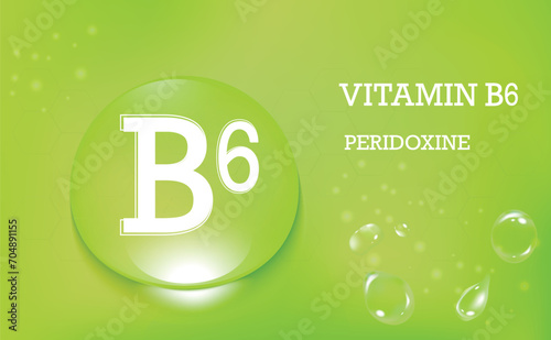 Water drops with vitamin B6, peridoxine green color. Vitamin complex. Beauty nutrition skin care design. Banner.
