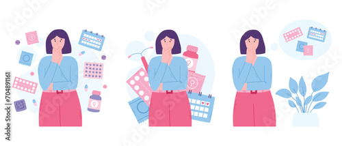 Various types of female contraception. Concept of a woman thinking about contraception that is suitable for her. Vector concept of choosing a contraceptive method.