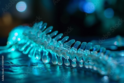 Close-up of a spiral metallic object with blue lighting and bokeh background.