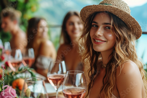Group of young happy people tasting wine on villa in South Europe photo