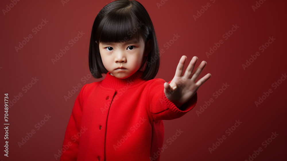 Portrait of kid doing stop sing with palm of hand. Warning expression with negative and serious gesture on face. People emotion lifestyle concept Portrait of kid doing stop sing with palm of hand. Warning expression with negative and serious gesture on face. People emotion lifestyle concept