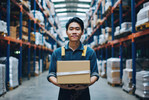 asian warehouse worker holding cardboard box in warehouse © Александр Довянский