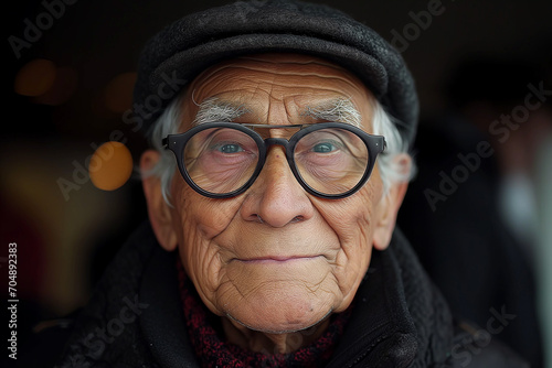 Close-up portrait of elderly man in hat, jacket and glasses