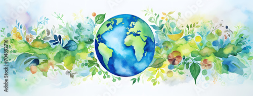 Watercolor Earth illustration. Hand drawn watercolor planet with green leaves. Earth Day