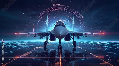 Sky Symphony Futuristic Jet Soars Amidst Abstract Radar Signals in High-Tech Aviation Dance