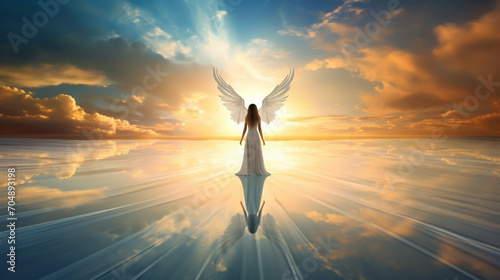 3D rendering of a woman or angel going to heaven. Beautiful sunset with clouds.