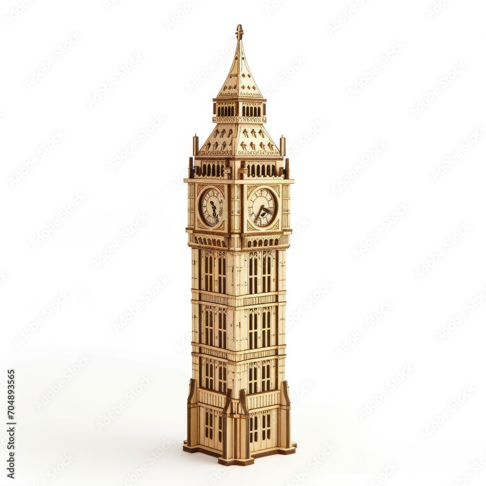 Toy small wooden world architectural landmark Big Ben isolated on white background