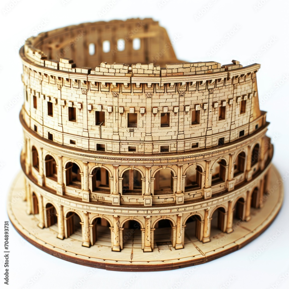 Toy small wooden world architectural landmark The Colosseum isolated on white background