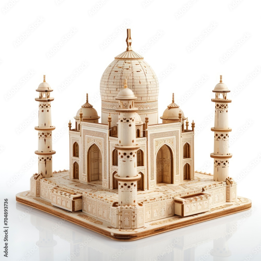 Toy small wooden world architectural landmark The Taj Mahal isolated on white background