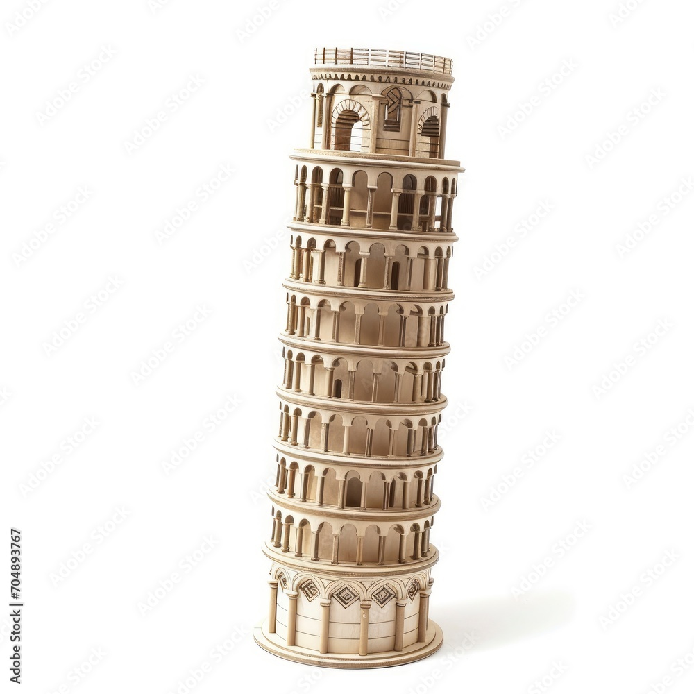 Toy small wooden world architectural landmark The Leaning Tower of Pisa isolated on white background