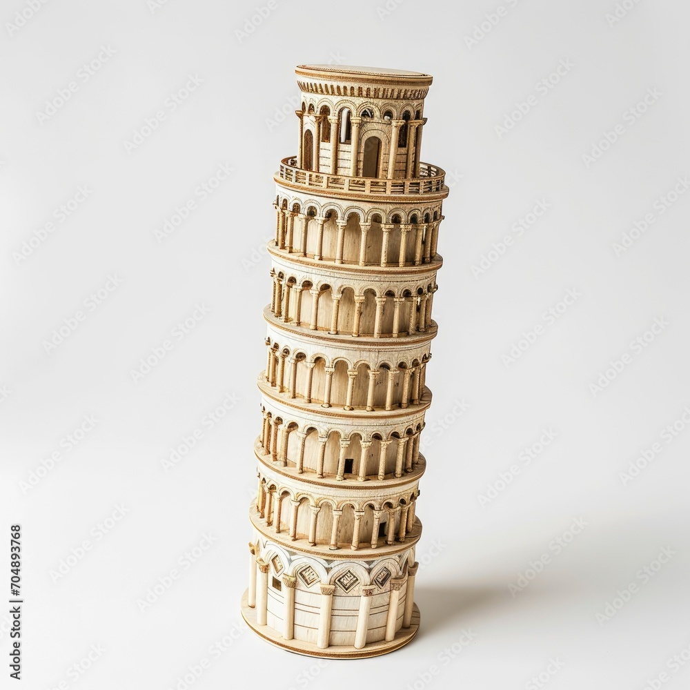 Toy small wooden world architectural landmark The Leaning Tower of Pisa isolated on white background