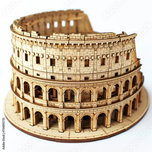 Toy small wooden world architectural landmark The Colosseum isolated on white background