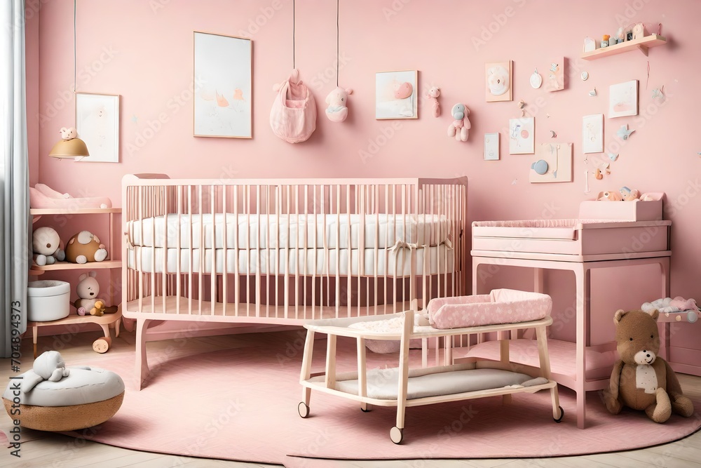 A baby's crib and changing table against a pastel pink wall in a nursery. A baby's crib and changing table against a pastel pink wall in a nursery.