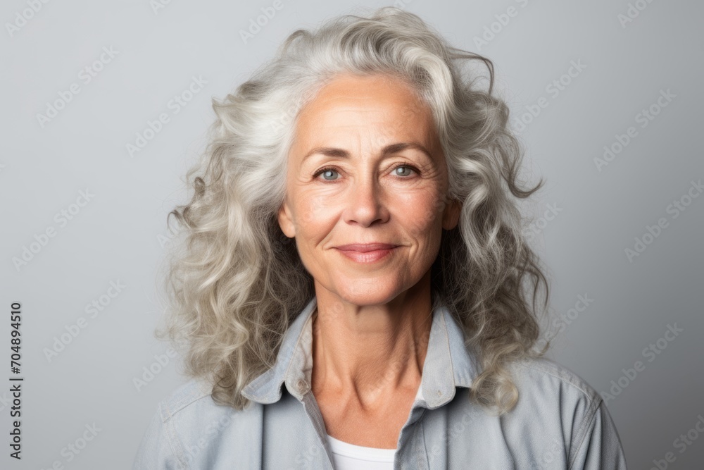 Portrait of a smiling senior woman with grey hair against grey background