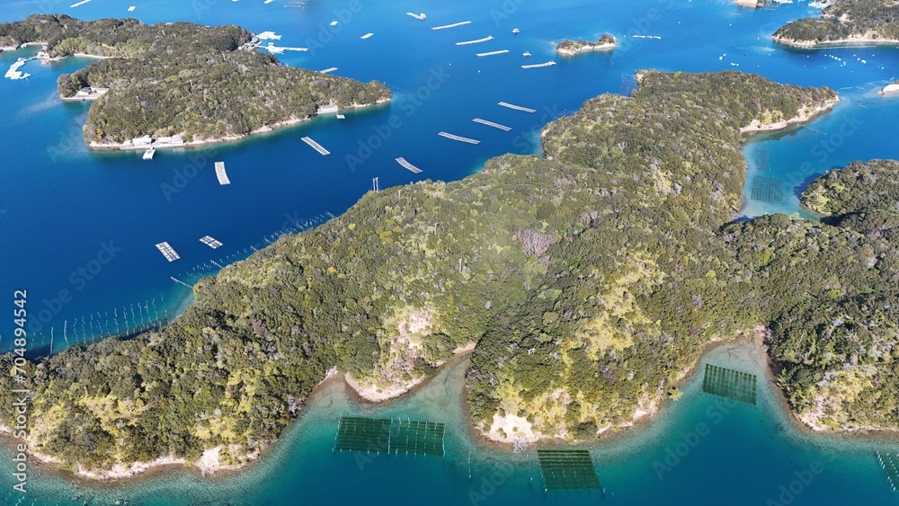 Aerial view of small islands in Japan with deeply indented coastline