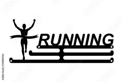 Medal holder running man. Template for making a medal box. Template for laser cutting, wood carving. A place to store runner awards. Vector illustration flat design. Isolated on white background.